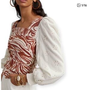 Anthropologie Love The Label Smocked Eyelet Zebra Print Blouse XL